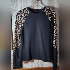SHEIN Black and Leopard Long Sleeve Top Gold Button Accents